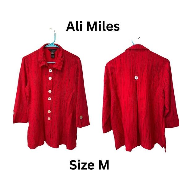 Ali Miles Red Button-Up Blouse with Pearled Buttons. - Picture 1 of 6